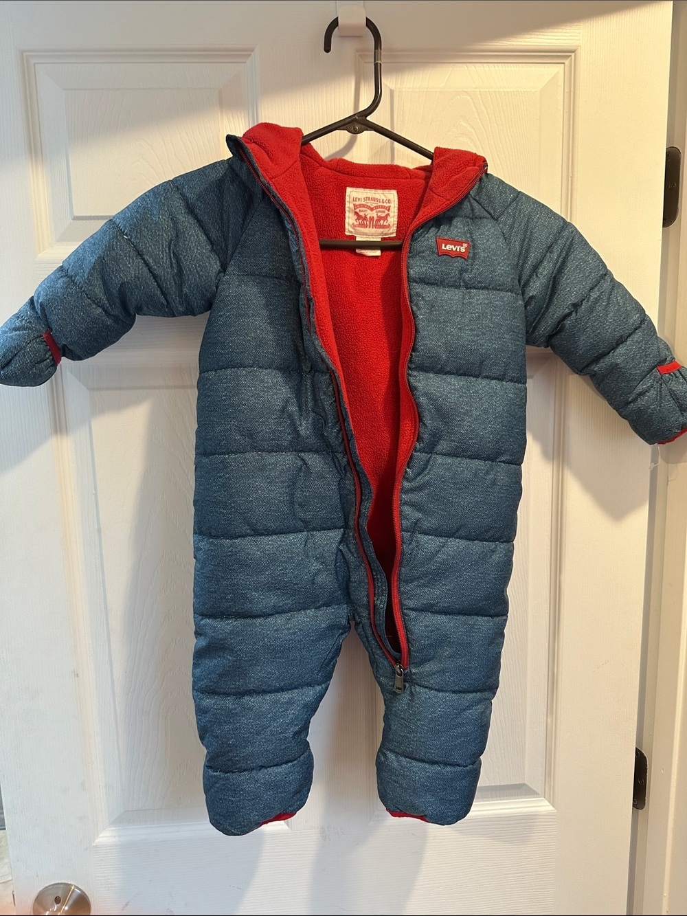 Levi's Blue Puffer Kids One-Piece Snowsuit with Red Lining